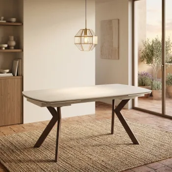 שולחן אוכל אבן קרמית 1.6 מ' נפתח ל- 2.4 מ' עם רגלי ברזל בגימור אגוז דגם הרמס