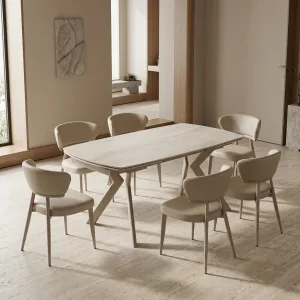 שולחן אוכל אבן קרמית 1.8 מ' נפתח ל- 2.6 מ' עם רגלי ברזל בגימור מוקה דגם הרמס
