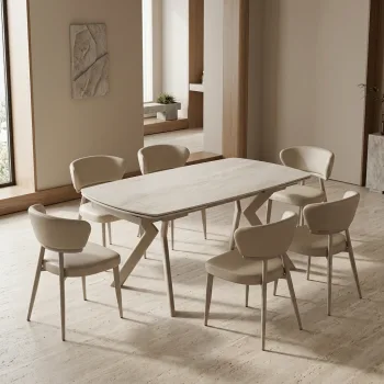 שולחן אוכל אבן קרמית 1.6 מ' נפתח ל- 2.4 מ' עם רגלי ברזל בגימור מוקה דגם הרמס