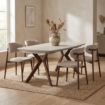 שולחן אוכל אבן קרמית 1.2 מ' נפתח ל- 1.7 מ' עם רגלי ברזל בגימור אגוז דגם מרלו