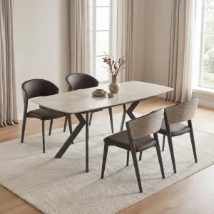 שולחן אוכל אבן קרמית 1.2 מ' נפתח ל- 1.7 מ' עם רגלי ברזל בגימור חום מטאלי דגם הרמס